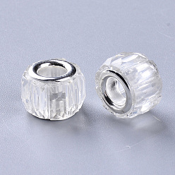 Clear Transparent Resin European Beads, Large Hole Beads, with Silver Color Plated Double Brass Cores, Faceted, Column, Clear, 11.5x8mm, Hole: 5mm