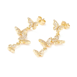 Clear Cubic Zirconia Butterfly Dangle Stud Earrings, Real 18K Gold Plated Brass Long Drop Earrings for Women, Cadmium Free & Lead Free, Clear, 35mm, Pin: 0.7mm