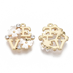 Real 18K Gold Plated Brass Cubic Zirconia Charms, with Resin Imitation Shell, Nickel Free, Flower with Letter, Letter E & V, Real 18K Gold Plated, 14.5x14.5x3mm, Hole: 1mm