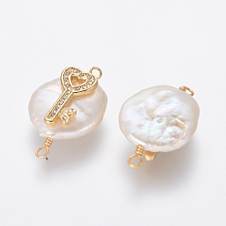 Clair Connecteurs de liens de perles naturelles, avec accessoires zircon cubique micro pave en laiton, pépites avec clé de coeur, or, clair, 21~25x13~15x6~8mm, Trou: 1.6mm