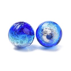 Blue Handmade Silver Foil Glass Beads, Luminous Style, Glow in the Dark, Round, Blue, 10mm, Hole: 1.4mm