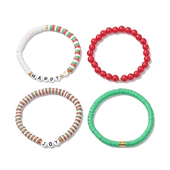 Couleur Mélangete 4 pcs 4 ensemble de bracelets extensibles heishi surfeur en argile polymère de style, bracelets preppy mot acrylique pour noël, couleur mixte, diamètre intérieur: 2-1/8 pouce (5.5 cm), 1 pc / style