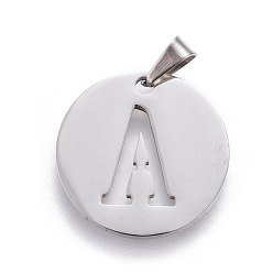 Letter A 201 Stainless Steel Pendants, Flat Round with Letter, Stainless Steel Color, Letter.A, 24.5x19.7x1.3mm, Hole: 4x3mm