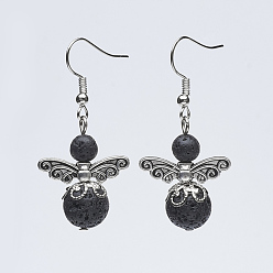 Lava Rock Tibetan Style Alloy Dangle Earrings, with Natural Lava Rock Beads and Brass Earring Hooks, 44~45mm, Pin: 0.7mm