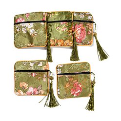 Olive Chinese Style Floral Cloth Jewelry Storage Zipper Pouches, Square Jewelry Gift Case with Tassel, for Bracelets, Earrings, Rings, Random Pattern, Olive, 115x115x7mm