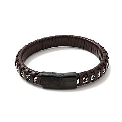 Gunmetal Leather & 304 Stainless Steel Rope Braided Cord Bracelet with Magnetic Clasp for Men Women, Gunmetal, 8-5/8 inch(21.8cm)