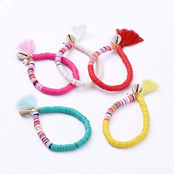 Mixed Color Stretch Charm Bracelets, with Polymer Clay Heishi Beads, Cotton Thread Tassels, Cowrie Shell Beads, Glass Pearl Beads and Brass Beads, Mixed Color, 2-1/4 inch(5.8cm)