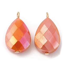 Dark Orange Imitation Jade Glass Pendants, with Golden Brass Loops, Faceted, Teardrop Charms, Dark Orange, 22~23x13x7.5~9mm, Hole: 1.5~2mm