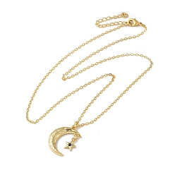 Star Golden Brass Crescent Moon Pendant Necklace with Rhinestone, Star, 17.60 inch(44.7cm)