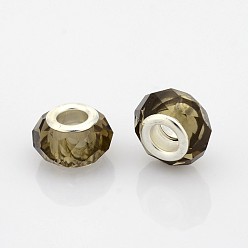 Café Verre à facettes perles européennes, perles de rondelle avec grand trou , avec noyaux en laiton plaqué couleur argent, café, 14x9mm, Trou: 5mm