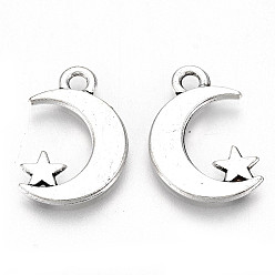 Antique Silver Tibetan Style Alloy Pendants, Lead Free & Cadmium Free, Moon with Star, Antique Silver, 17x11.5x1.5mm, Hole: 1.8mm, about 675pcs/500g