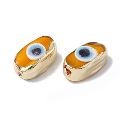Dark Orange Brass Beads, with Enamel, Real 18K Gold Plated, Oval with Evil Eye, Dark Orange, 14x8x6mm, Hole: 1.4mm