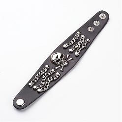 Black Punk Rock Style Cowhide Leather Rivet Bracelets, with Alloy & Iron Findings, Skull, Black, 220x42x2mm(8-5/8 inchx1-3/4 inch)