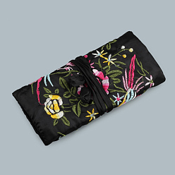 Черный Прямоугольные шелковые пакеты на молнии в стиле ретро, сумки для хранения ювелирных изделий с вышивкой и цветами с веревкой на шнурке, чёрные, 20x9 см, открытый: 27x20 см