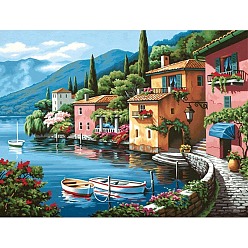 Colorful Oceanside Villa Scenery DIY Diamond Painting Kit, Including Resin Rhinestones Bag, Diamond Sticky Pen, Tray Plate and Glue Clay, Colorful, 300x400mm