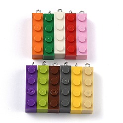 Mixed Color Opaque Acrylic Pendants, with Platinum Iron Loop, Long Rectangle Building Block Charms, Mixed Color, 35.5x7.5x11.5mm, Hole: 2mm