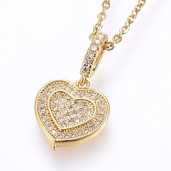 Golden 304 Stainless Steel Pendant Necklaces, with Cubic Zirconia, Heart, Golden, 17.71 inch(45cm), Pendant: 14x12.5x5mm