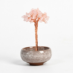 Quartz Rose Décorations d'affichage d'arbre de copeaux de quartz rose naturel, avec des bols en porcelaine de couleur aléatoire, ornement feng shui enveloppé de fil de cuivre pour la fortune, 66x100~110mm