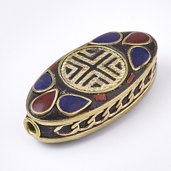 Blue Handmade Indonesia Beads, with Brass Findings, Oval, Golden, DarkSlate Blue, 29x14x9mm, Hole: 2mm