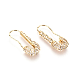 Golden Brass Micro Pave Cubic Zirconia Dangle Earrings, Long-Lasting Plated, Safety Pin Shape, Clear, Golden, 27x10.5x4mm, Pin: 0.7mm