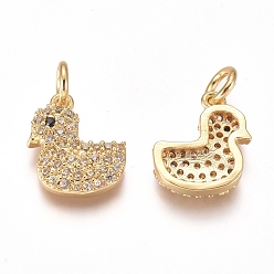 Golden Brass Micro Pave Cubic Zirconia Charms, with Jump Rings, Duck, Clear & Black, Golden, 12x10.5x3mm, Hole: 3mm