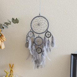 Gray Woven Web/Net with Feather Pendant Decorations, with Polyester Cord and Iron Finding, Gray, 460x160x5mm