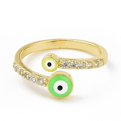 Lime Enamel Evil Eye Open Cuff Ring with Clear Cubic Zirconia, Gold Plated Brass Jewelry for Women, Cadmium Free & Lead Free, Lime, US Size 8 3/4(18.7mm)