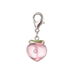 Platinum Transparent Peach Resin Pendant Decorations, Zinc Alloy Lobster Clasps Charm, Clip-on Charms, for Keychain, Purse, Backpack, Platinum, 38.5mm