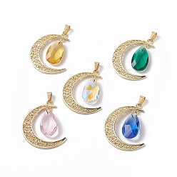 Mixed Color Alloy Pendants, with Faceted Glass Teardrop, Crescent Moon Charm, Mixed Color, 40.5x35x7mm, Hole: 7x3.5mm