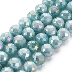 Pale Turquoise Opaque Baking Painted Crackle Glass Beads Strands, Faceted, AB Color Plated, Teardrop, Pale Turquoise, 8x7~8mm, Hole: 1.2mm, about 60pcs/strand, 18.11 inches(46cm)