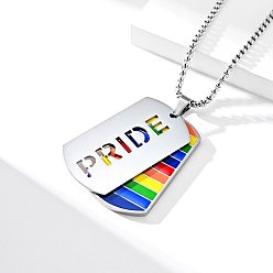 Stainless Steel Color Rainbow Pride Necklace, Army Card with Pride Word Pendant Necklace for Men Women, Stainless Steel Color, 24.29 inch(61.7cm)