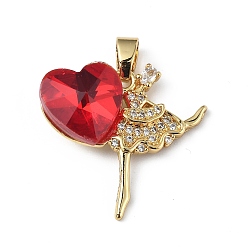 Red Real 18K Gold Plated Rack Plating Brass Micro Pave Clear Cubic Zirconia Pendants, with Glass, Long-Lasting Plated, Cadmium Free & Lead Free, Dancer with Heart Charm, Red, 23x24.5x8.2mm, Hole: 5x3.2mm