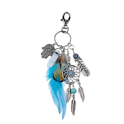 Blue Bohemian Woven Net/Web with Feather Alloy Pendant Decorations with Opalite Bullet Charm and Hamsa Hand/Hand of Miriam Charms, for Keychain, Purse, Backpack Ornament, Blue, 100mm