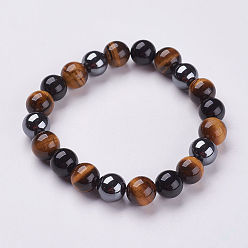 Mixed Material Natural Tiger Eye & Obsidian Beads Stretch Bracelets, with Non-Magnetic Synthetic Hematite Beads, 2-1/8 inch(55mm)