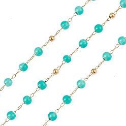 Turquoise Chaîne de perles rondes en jade naturel teint, avec chaînes satellites dorées 304 en acier inoxydable, non soudée, avec bobine, turquoise, 2.5x1x0.3mm, 5x4mm, 3mm, environ 32.81 pieds (10 m)/rouleau