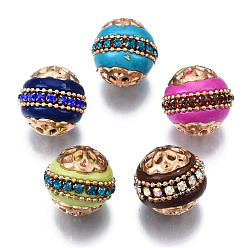 Mixed Color Handmade Indonesia Beads, with Alloy Findings, Round, Light Gold, Mixed Color, 16~17x16~16.5mm, Hole: 1.8mm