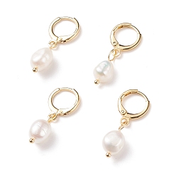 White Natural Pearl Dangle Hoop Earrings, Brass Jewelry for Women, White, 29mm, Pin: 0.8mm