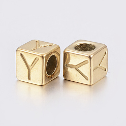 Золотой 304 нержавеющая сталь большой отверстие письмо европейский бисер, горизонтальное отверстие, куб с letter.y, золотые, 8x8x8 мм, отверстие : 5 мм