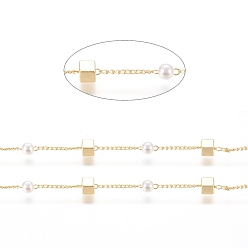 Real 18K Gold Plated Brass Handmade Beaded Chain, Curb Chains, with CCB Plastic Imitation Pearl Bead, Long-Lasting Plated, Soldered, with Spool, Cube, Real 18K Gold Plated, 2x1x0.8mm, Bead: 4mm in diameter, Cube: 4x4x4mm, about 32.8 Feet(10m)/roll