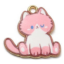 Pink Printed Alloy Pendants, Golden, Cadmium Free & Nickel Free & Lead Free, Cat Shape Charms, Pink, 20x20x2mm, Hole: 1.6mm