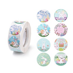Egg 8 Patterns Easter Theme Self Adhesive Paper Sticker Rolls, with Rabbit Pattern, Round Sticker Labels, Gift Tag Stickers, Mixed Color, Easter Theme Pattern, 25x0.1mm, 500pcs/roll