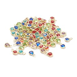 Golden Faceted Glass Charms, with Brass Findings, Long-Lasting Plated, Flat Round, Golden, 7.5x5x2mm, Hole: 1.4mm
