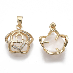 Creamy White Natural Chalcedony Pendants, with Real 18K Gold Plated Brass Micro Pave Clear Cubic Zirconia Settings, Nickel Free, Flower, 21x14x6.5mm, Hole: 3x4mm
