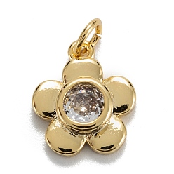 Clear Brass Cubic Zirconia Charms, Real 18K Gold Plated, Long-Lasting Plated, Plum Blossom , Clear, 14x12x3.5mm, Hole: 3mm, Jump Ring: 5x0.8mm