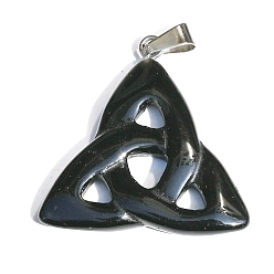Obsidienne Pendentifs en obsidienne naturelle de la saint patrick, Breloques nœud triquetra avec fermoirs en métal plaqué platine, 34x6mm
