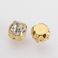 Oro Cose en el rhinestone, diamantes de imitación de cristal, perlas montee, con ajustes de puntas de latón, accesorios de prendas de vestir, plano y redondo, dorado, 6x5 mm, sobre 720 unidades / bolsa