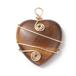Tiger Eye Natural Tiger Eye Copper Wire Wrapped Pendants, Heart Charms, Light Gold, 37.5~39x31~31.5x9~9.5mm, Hole: 4.5mm