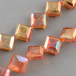 Coral Transparent Electroplate Faceted Glass Beads Strands, Square, Coral, 17x17x7.5mm, Hole: 2mm, about 40pcs/strand, 25.1 inch