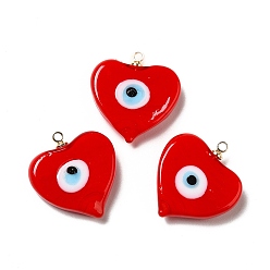 Red Handmade Lampwork Pendants, with Real 18K Gold Plated Plated Brass Finding, Cadmium Free & Lead Free, Heart with Evil Eye, Red, 19.5x18.2x5mm, Hole: 1.4mm