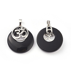 Black Stone Synthetic Black Stone Pendants, with Platinum Tone Brass Findings, Flat Round with Om Symbol, 32~32.5x28x7~7.5mm, Hole: 5x8mm
